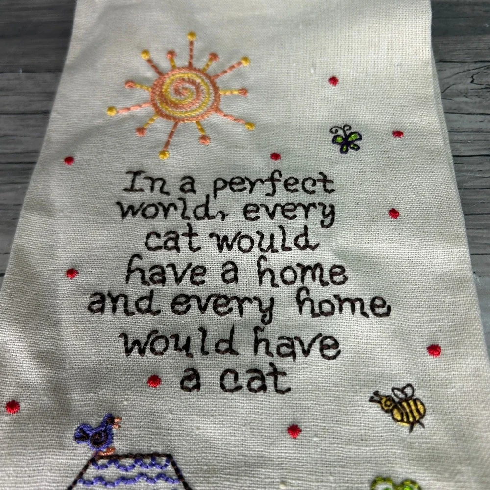 Natural Life Tea Dish Towel Embroidered Boho Cat Lover Gift